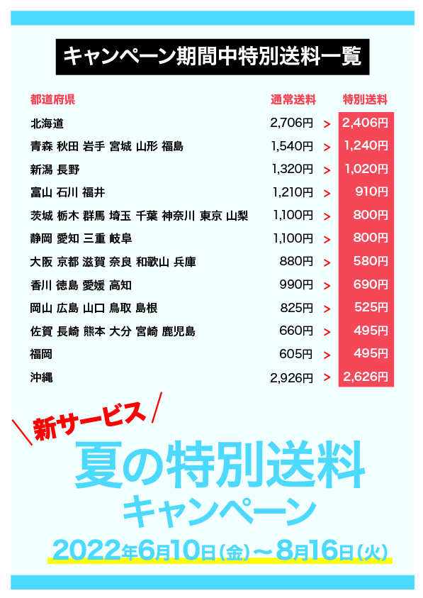 エリア別送料一覧　通常送料より300円引き